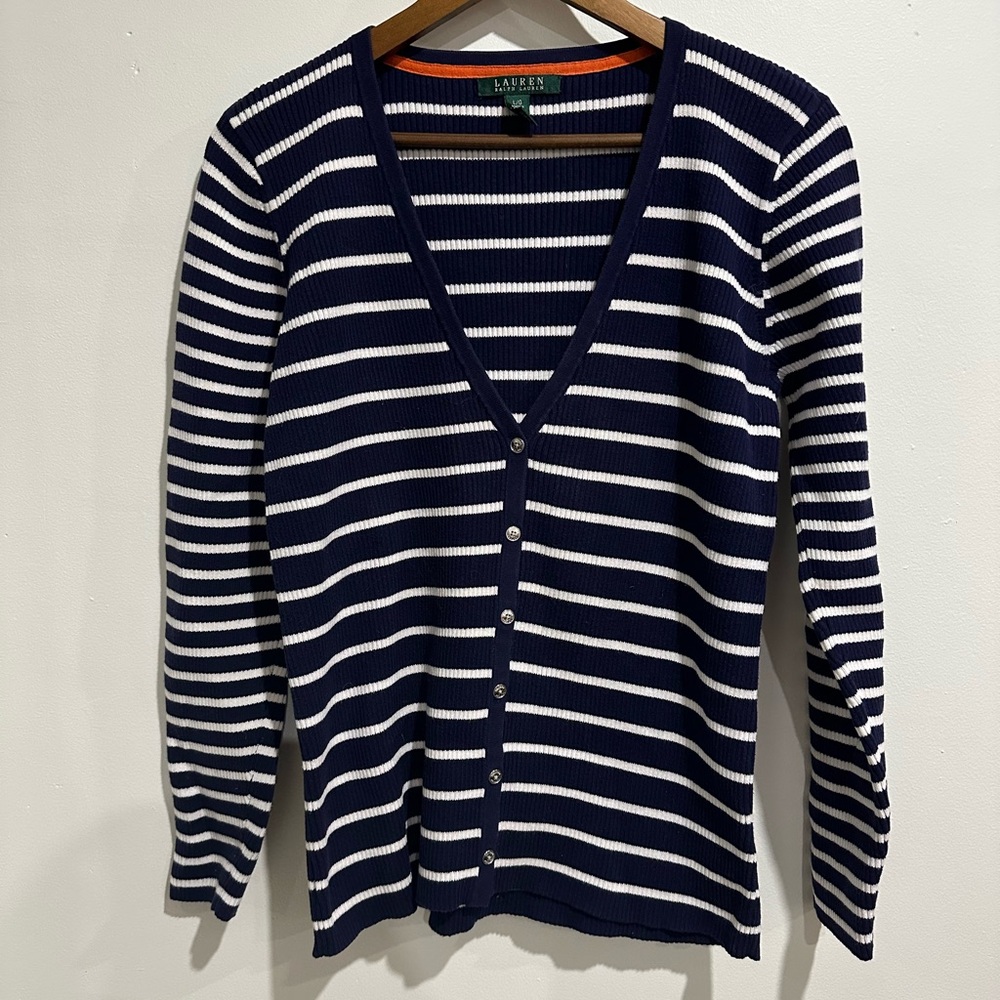 LAUREN‎ RALPH LAUREN Striped Cotton Blend Preppy Nautical Cardigan Size L